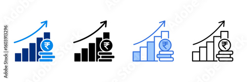 Chart Up Icon Set With Different Currencies