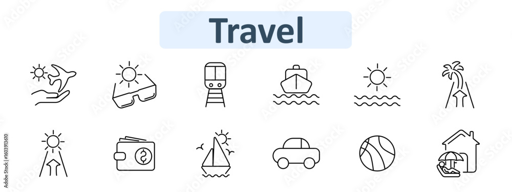 Fototapeta premium Travel set icon. Black line icons include airplane with sun, sunglasses, train, ship, sun over waves, palm island, wallet, sailboat, car, beach ball, house with person under umbrella, vacation themes.