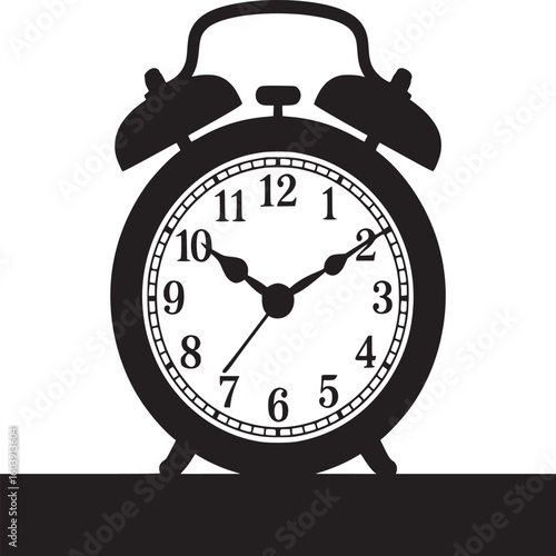 Illustration of a black and white alarm clock with bells and a shadow on a white background