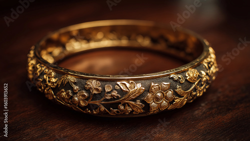 Ornate gold bangle with intricate floral designs rests on wooden surface, showcasing exquisite craftsmanship and elegance. detailed patterns highlight artistry involved in its creation