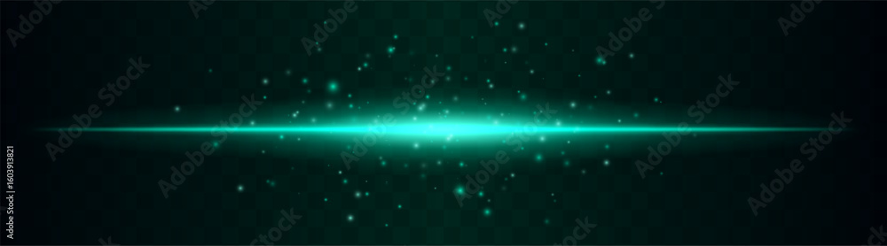 Obraz premium Energy line. Thin horizontal light beam surrounded by glowing floating particles. Central burst effect creates atmospheric energy spread on transparent background.