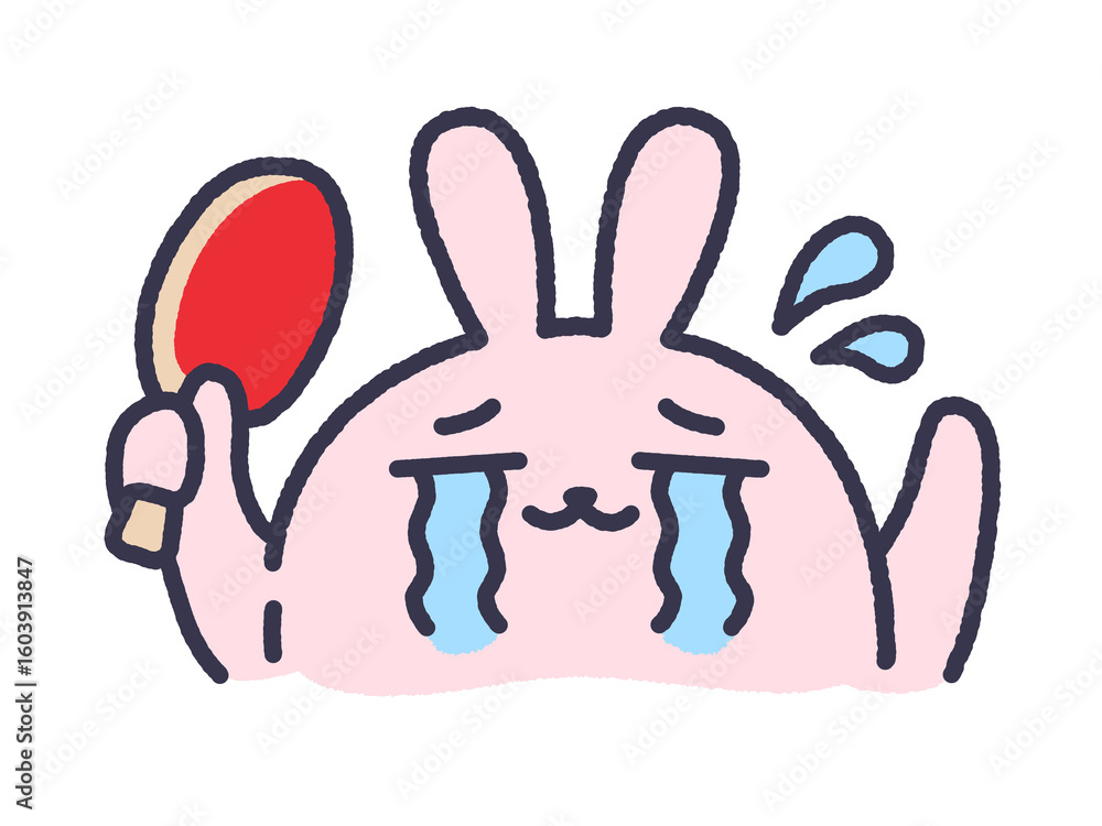 号泣する、卓球うさぎ(線画カラー)のイラスト 号泣する、卓球うさぎ(線画カラー)のイラスト