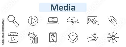 Media set icon. Outline icons show magnifier, play button, laptop with heart, cloud sync, image share, paperclip, clapperboard, chart, headphones, heart, hand share, heart arrows, multimedia symbols.