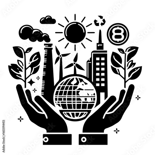 Hands holding a globe with industry, plants, and windmills representing environmental sustainability