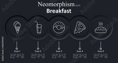 Breakfast set icon. Ice cream cone, juice glass, donut, pizza slice, steaming pie represent early meal, dessert, snacks, hot pastry and sweet or savory breakfast options