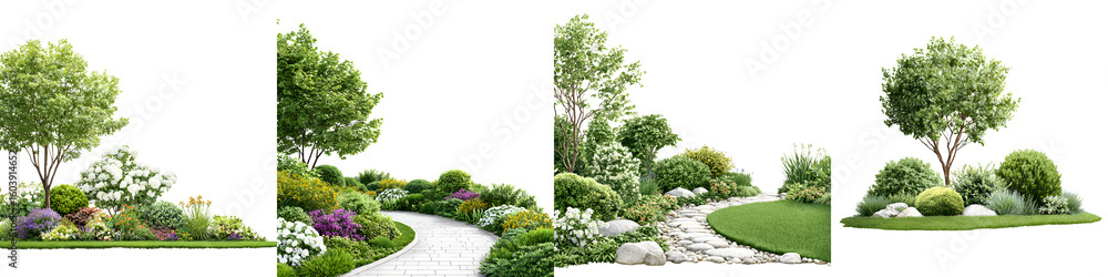 Fototapeta premium Landscaped Garden Corners: Greenery, Bushes, and Stone Paths on White