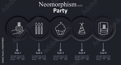 Party set icon. Cake on hand, candles, cupcake, party hat, greeting card show celebration, dessert, decoration, gift-giving, and event mood with neomorphism visual outline
