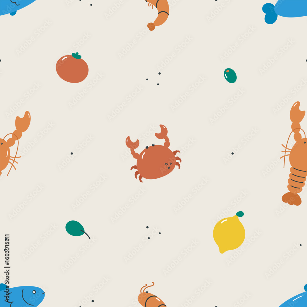 Fototapeta premium Sea food seamless pattern with lobster, crab, shrimp, fish. For design, fabric, wrapping, cards, textile, wallpaper, apparel. Isolated vector cartoon illustration in flat style.