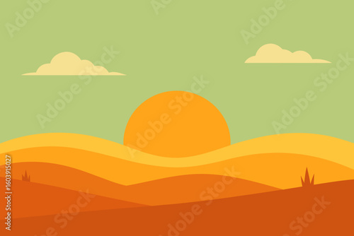 Stylized desert landscape with rolling hills and a setting sun