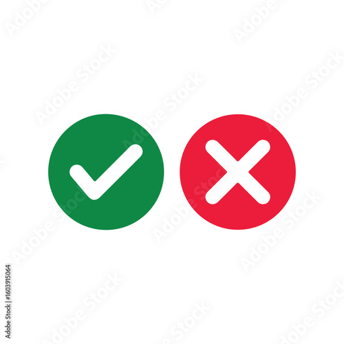 Green check symbol and red cancel icon. Affirmative and negative buttons. Accept and reject controls. Tick and X buttons. Vector graphics and silhouette signs on white backdrop.