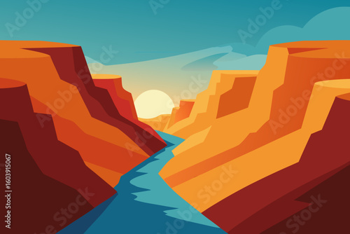 Stylized flat design canyon landscape with river and sun at dawn