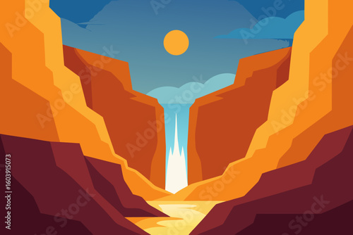 Stylized grand canyon landscape with waterfall and sun