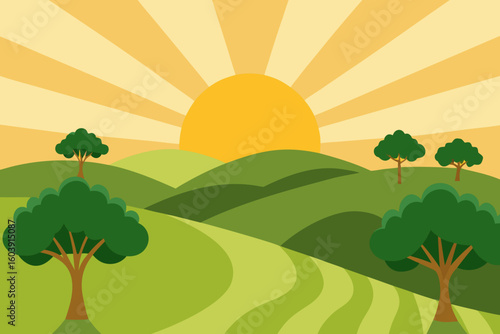 Stylized sunrise over rolling green hills with trees and fields