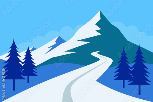 Flat design winter mountain landscape with snow covered road and pine trees