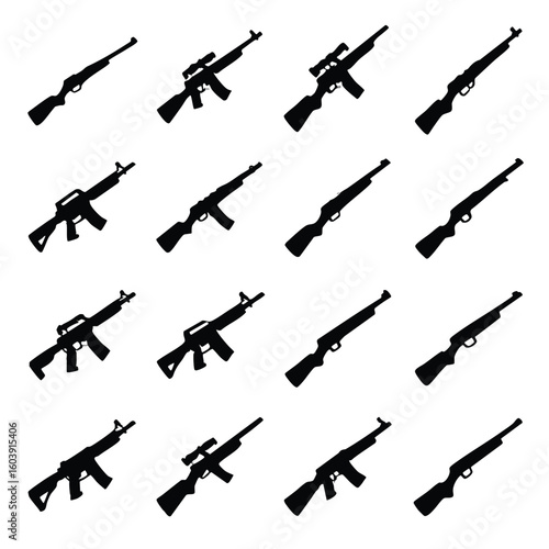 A collection of various black firearm silhouettes, including rifles and shotguns, presented as graphic icons on a clean white background.