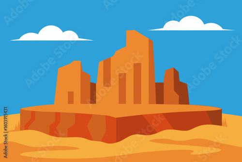 Stylized flat illustration of orange sandstone rock formations in a desert landscape