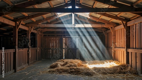 An atmospheric shot of an empty, rustic wooden stable with a single beam of light shining on fresh straw. Perfect background for text