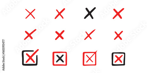 Green check symbol and red cancel icon. Affirmative and negative buttons. Accept and reject controls. Tick and X buttons. Vector graphics and silhouette signs on white backdrop.