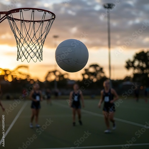 a netball captured mid-air, nearing a hoop on an outdoor court at sunset, with players blurred in the background, creating a dynamic sports scene. 