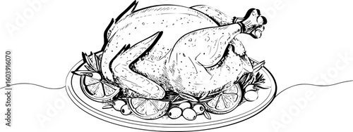 a line drawing of roast chicken on a plate decorated with lemons and olives, black and white image, minimalistic style
