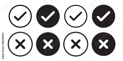 Green check symbol and red cancel icon. Affirmative and negative buttons. Accept and reject controls. Tick and X buttons. Vector graphics and silhouette signs on white backdrop.