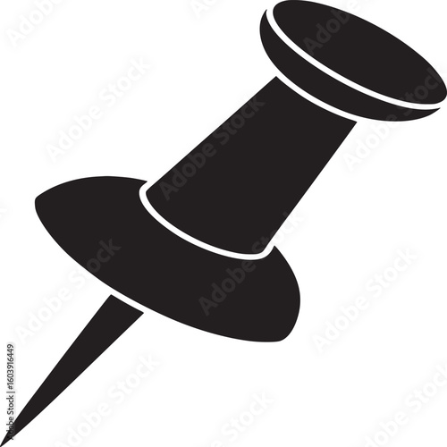 Isolated black push pin with a flat head and sharp point on a white plain background design element