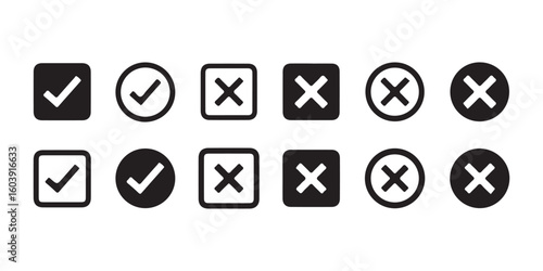 Green check symbol and red cancel icon. Affirmative and negative buttons. Accept and reject controls. Tick and X buttons. Vector graphics and silhouette signs on white backdrop.
