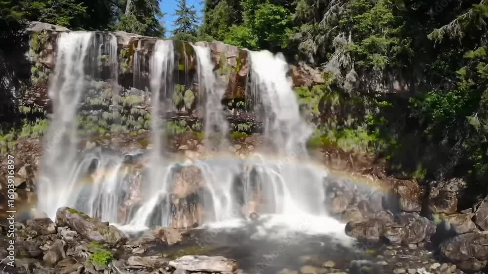 Majestic Waterfall Cascades Through Forest with Rainbow Display. Majestic Waterfall Cascades Through Forest with Rainbow Display.
