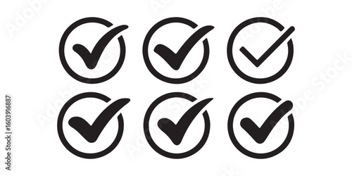 Green check symbol and red cancel icon. Affirmative and negative buttons. Accept and reject controls. Tick and X buttons. Vector graphics and silhouette signs on white backdrop.