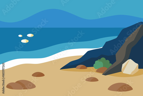 Stylized flat design beach scene with ocean waves and rocky cliff