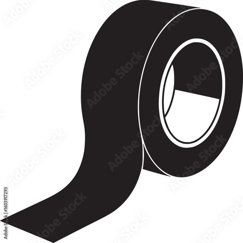 A black and white graphic illustration of a roll of tape with a simple design on a white backdrop