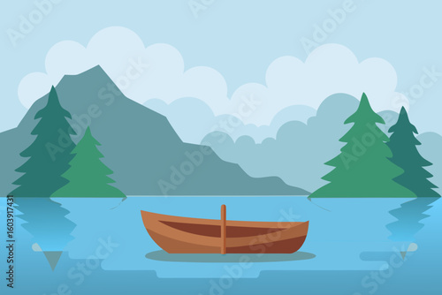 Serene mountain lake with a wooden rowboat and evergreen trees