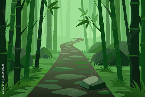 Winding stone path through a lush green bamboo forest with rocks