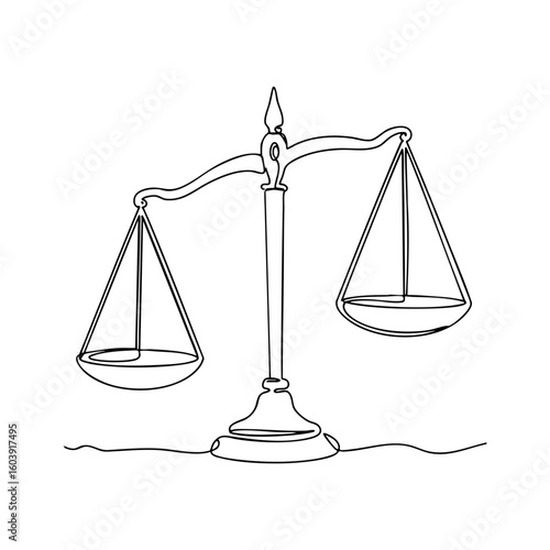 Vector line art of a traditional balance scale with two uneven pans, symbolizing justice and fairness, minimalist black outline illustration