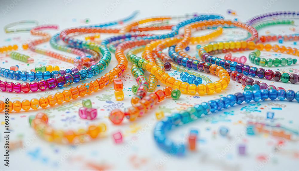 Obraz premium Colorful plastic beads arranged in wavy lines and scattered across white surface, representing creativity, playful energy, handmade crafts, and vibrant DIY materials 