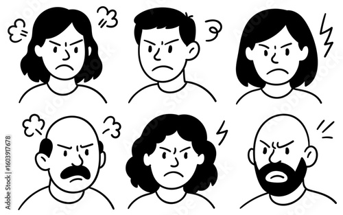 Set of angry doodle faces showing frustration and rage emotions in hand drawn style