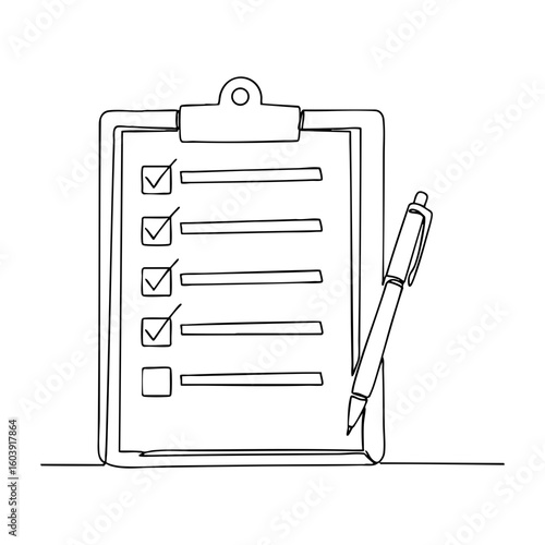 Vector line art of a checklist on a clipboard with a pen, representing tasks, to-do list and organization concept.