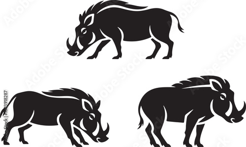 Savannah Warthog Silhouettes – Grazing, Running, and Defensive Animal Vector Icons