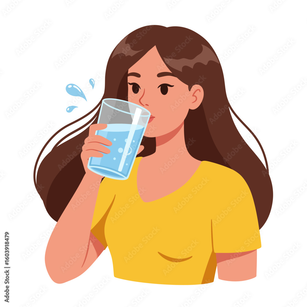 A young woman with long brown hair is depicted drinking water from a glass, her expression serene and content, suggesting refreshment and healthy hydration. A young woman with long brown hair is depicted drinking water from a glass, her expression serene and content, suggesting refreshment and healthy hydration.