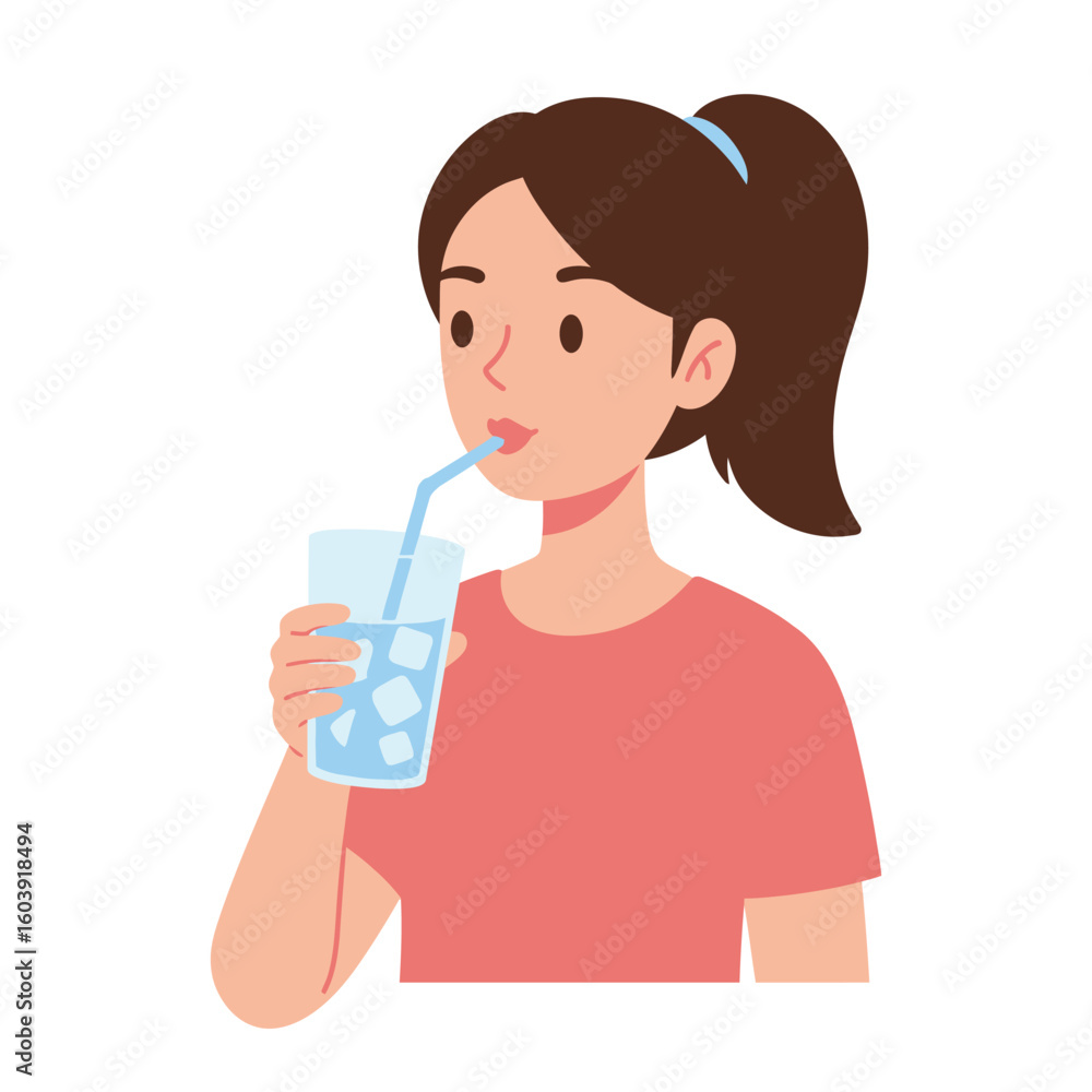 Young woman with brown hair in a ponytail enjoys a refreshing glass of iced water with a straw, a simple and healthy lifestyle choice. Young woman with brown hair in a ponytail enjoys a refreshing glass of iced water with a straw, a simple and healthy lifestyle choice.