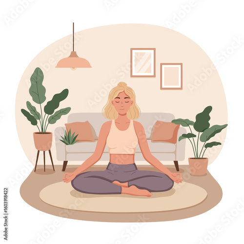 A serene young woman practices yoga meditation in a comfortable, sunlit living room, promoting wellness and mindfulness.
