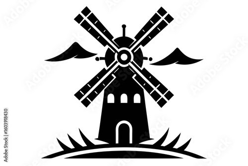 vector windmill black and white silhouette