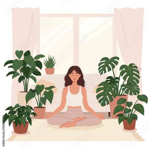 A serene woman meditates peacefully amidst lush green houseplants in a bright, airy room, embodying calm and wellness.