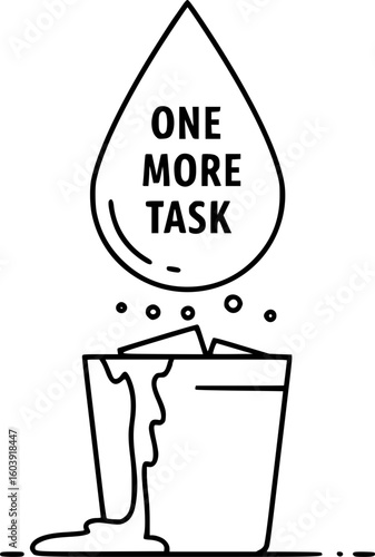 A metaphor for work overload and reaching the limit. A huge drop of "One more task" falls into an overflowing cup, symbolizing a critical point and the inability to accept more work.