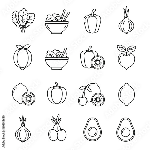 A collection of line art illustrations showcasing various fresh vegetables and fruits, perfect for healthy eating, culinary, and dietary concepts, with a clean, modern aesthetic.