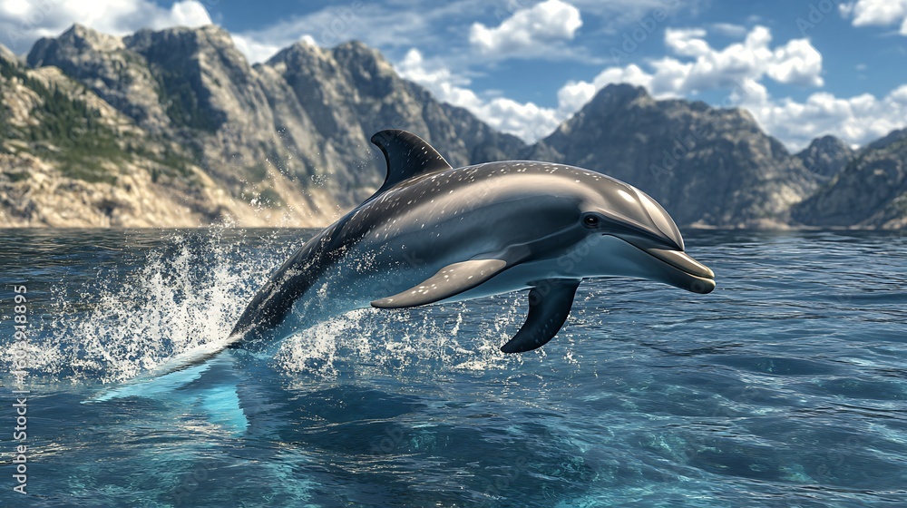 Fototapeta premium Dolphins swimming in unison below sunlit surface high resolution picture