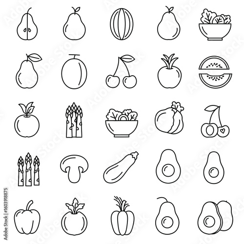 A collection of clean line art icons representing healthy fruits and vegetables, perfect for dietary or nutrition-related designs.