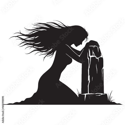 She who weeps beneath the dark sky – Banshee silhouette drawn in spectral Banshee vector – Banshee illustration – Halloween silhouette

