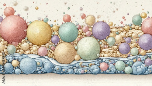 Pastel spheres cascade over textured surface