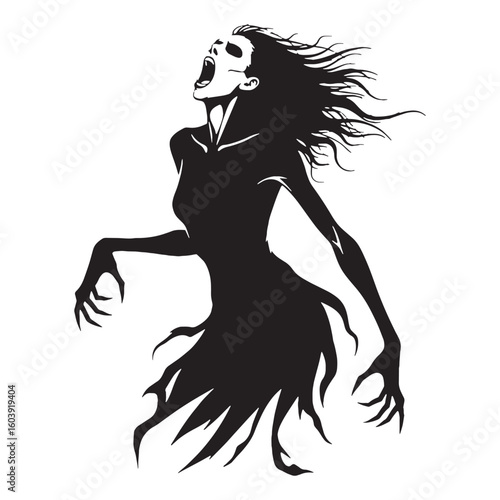 Elegance in sorrow and sound – Banshee silhouette captured in graceful Banshee vector – Banshee illustration – Halloween silhouette

